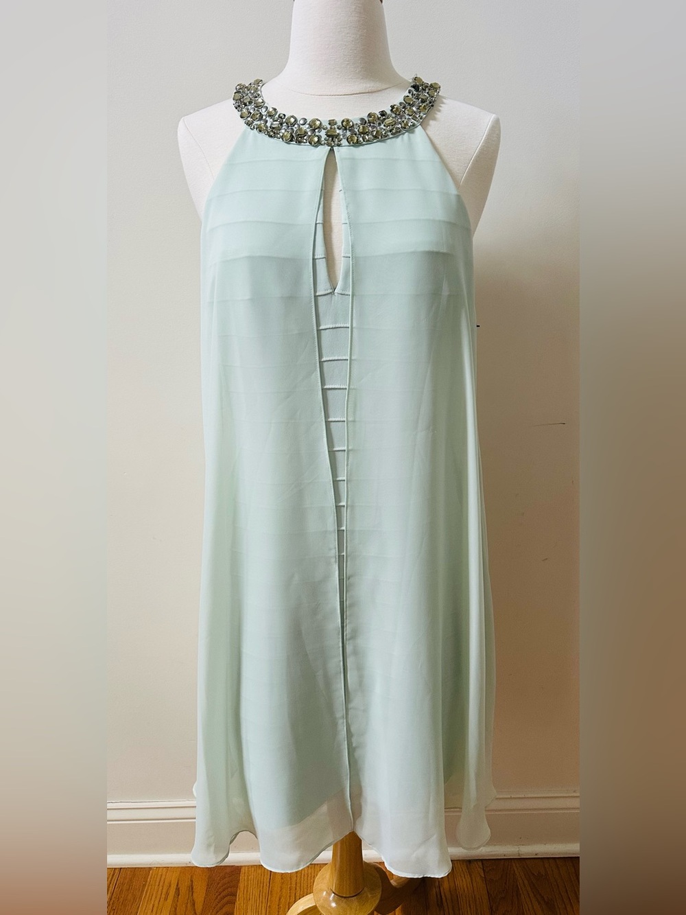 Betsy & Adam Charcoal Gray Asymmetrical Slip Dress with Beaded Shoulder Size 8